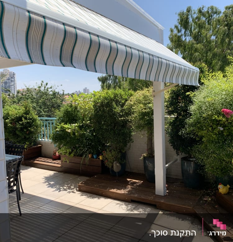 סוכך פסים לבן וירוק על מרפסת עם צמחים